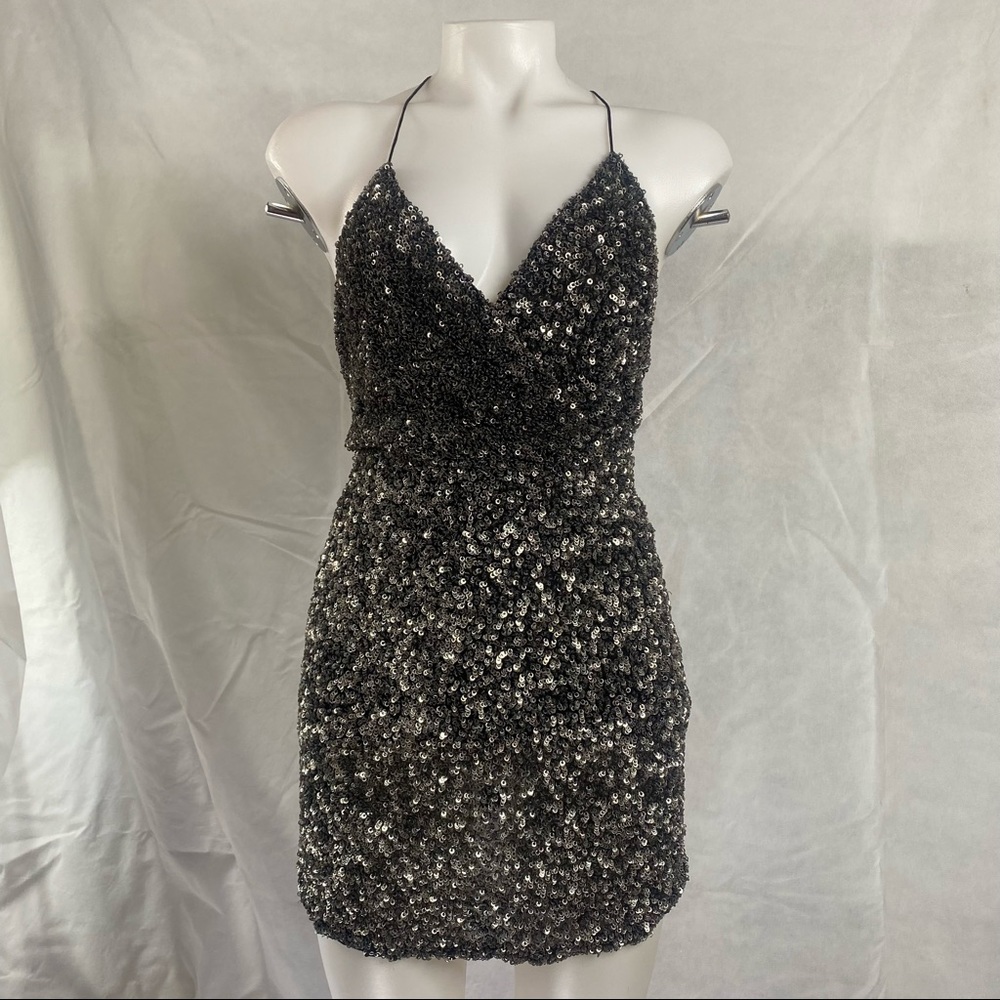 MLV Cross Halter Sequin Black Silver Dress